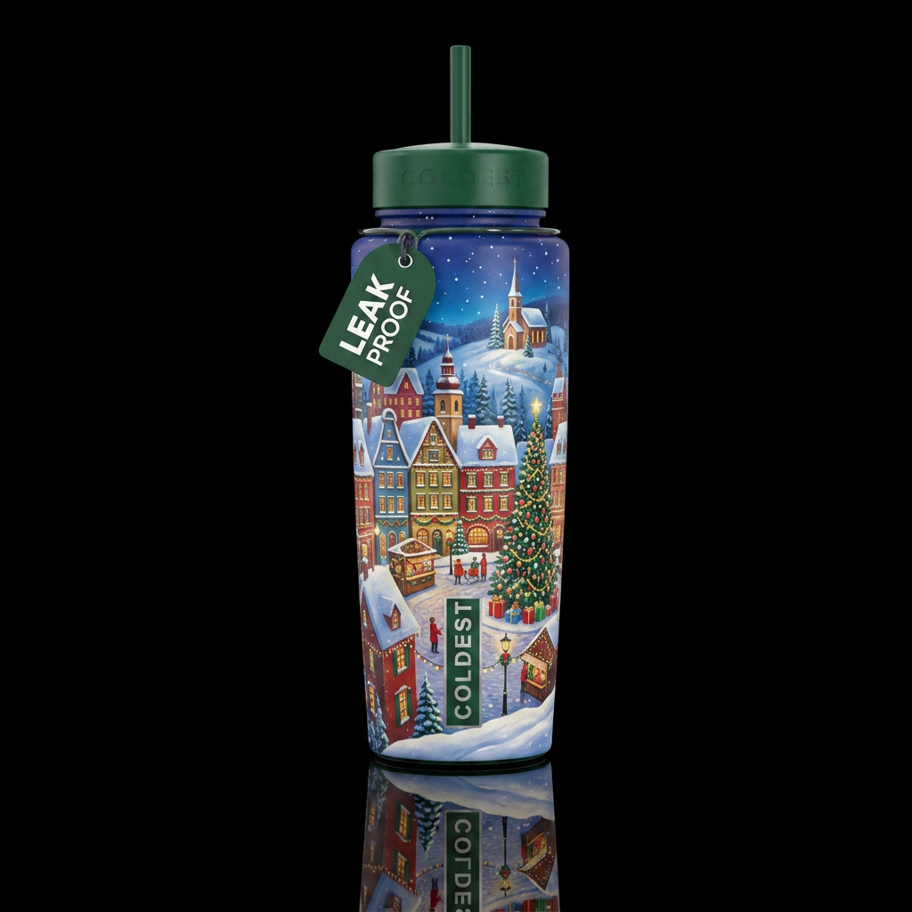 Jolly Holiday Town water bottle design