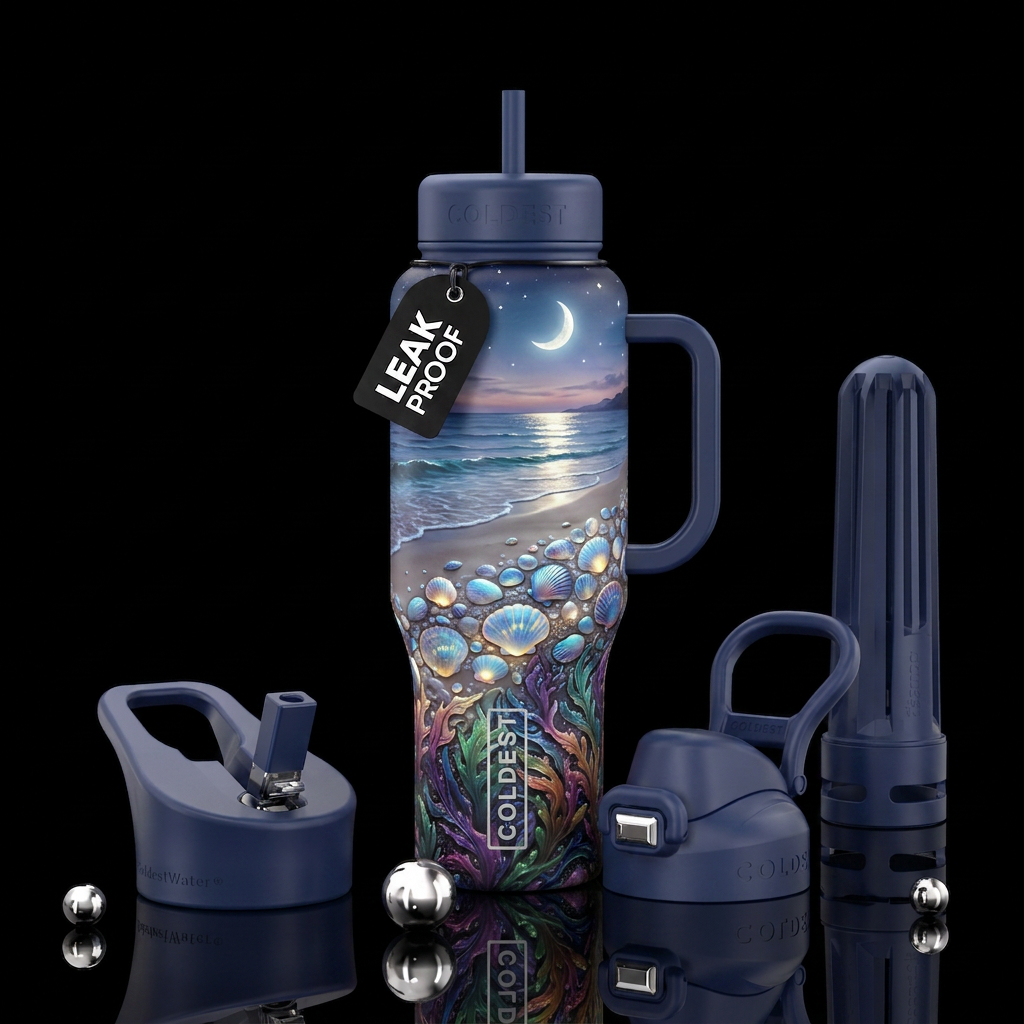 Moonlight walk on a beach with glowing seashells a... water bottle design