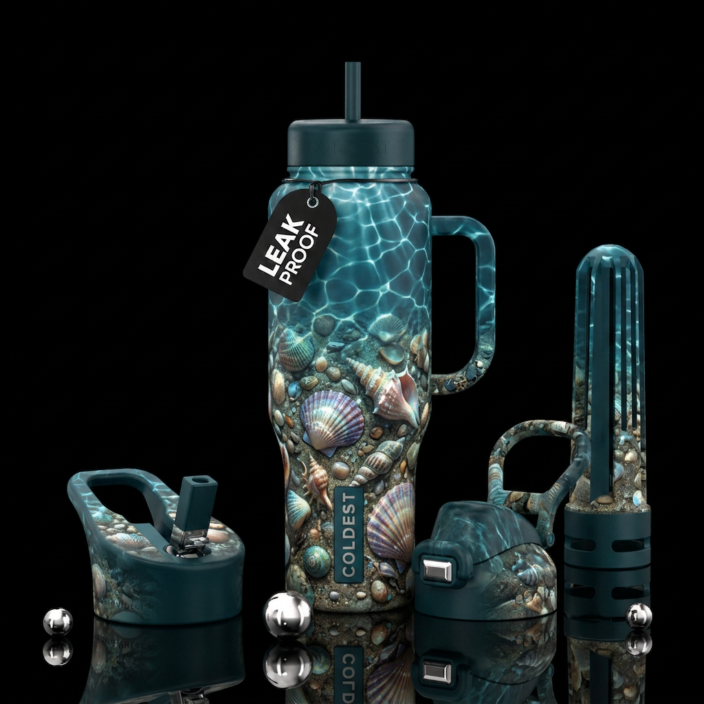Sparkling seashells scattered across the ocean flo... water bottle design