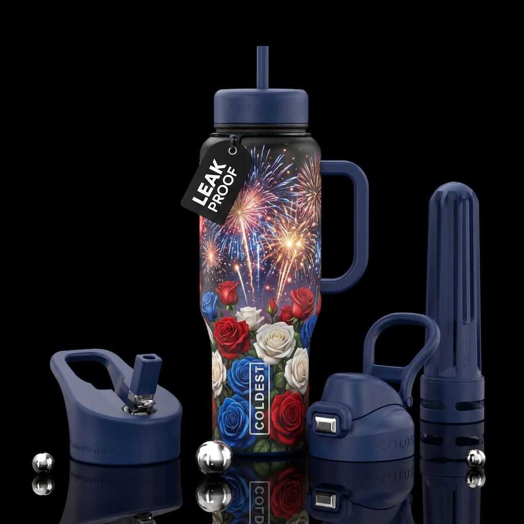 Red roses, white roses, blue roses foreground with... water bottle design