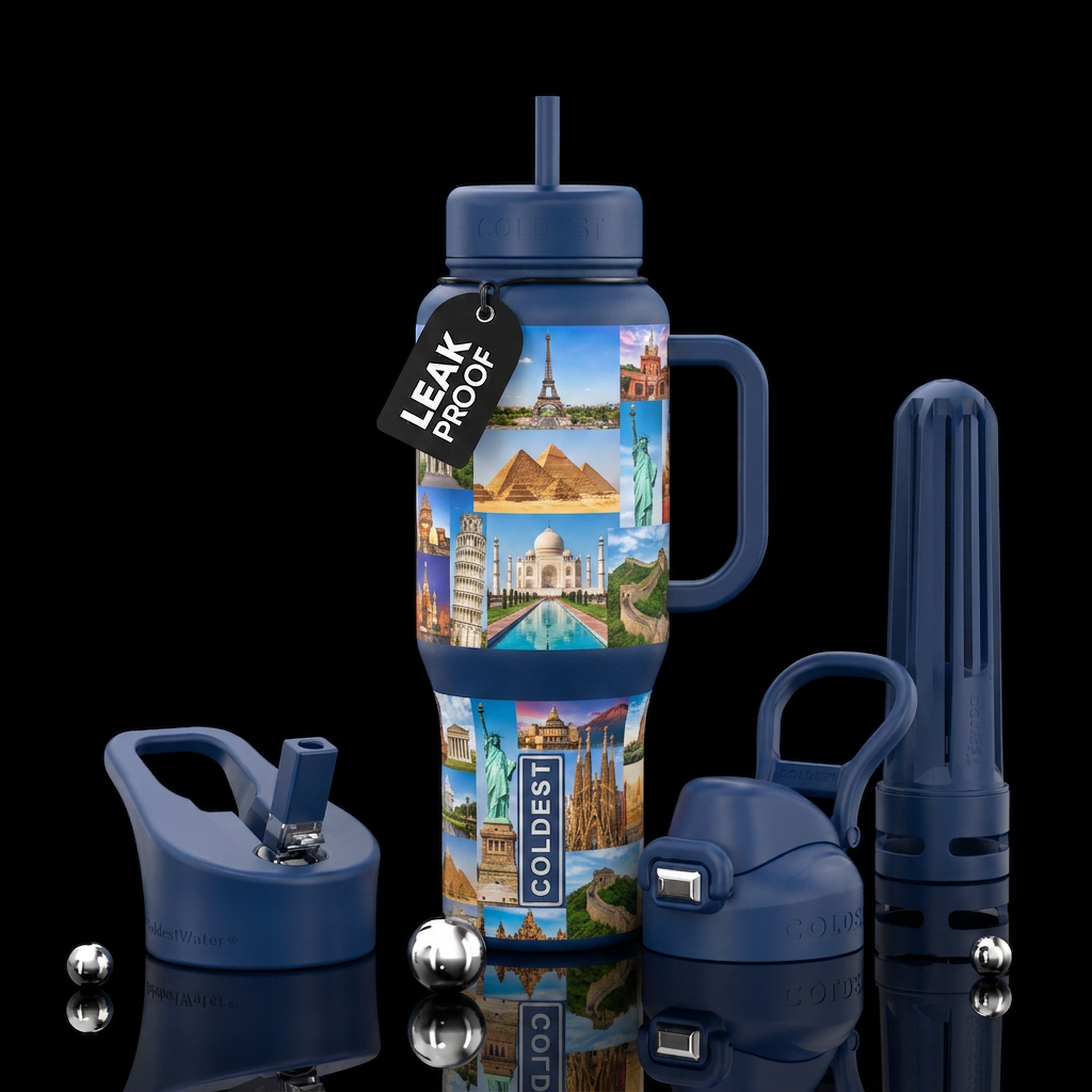 Pictures of all the different national landmarks water bottle design