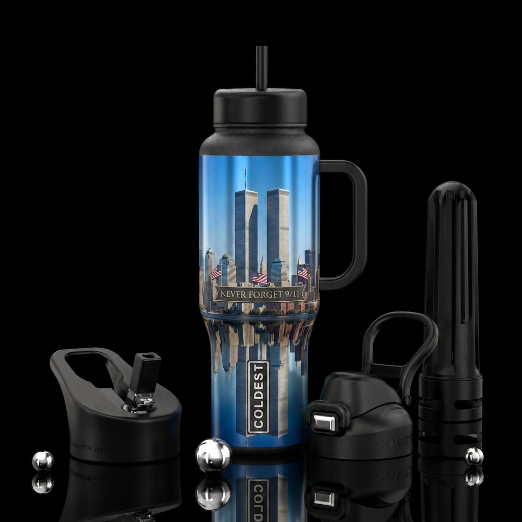 Never Forget 9/11 water bottle design