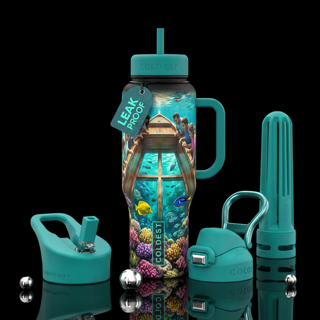 Floating in a glass bottom boat water bottle design