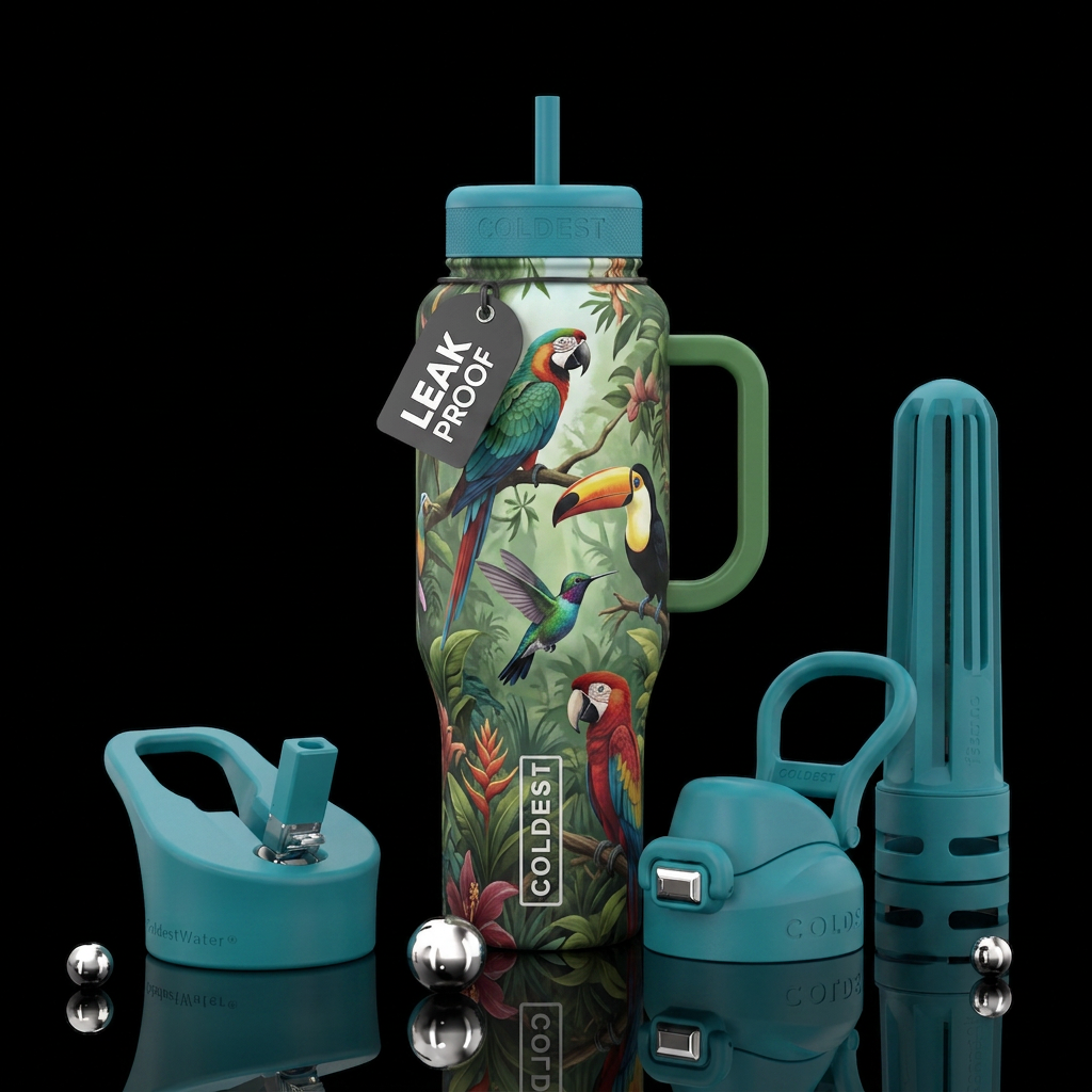 A bottle with different exotic birds in their natu... water bottle design