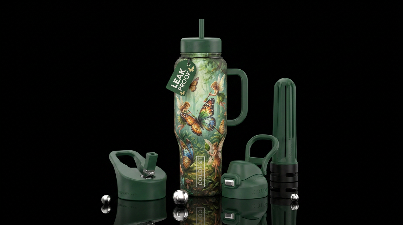 Forest fairies painting butterflies for summer water bottle design