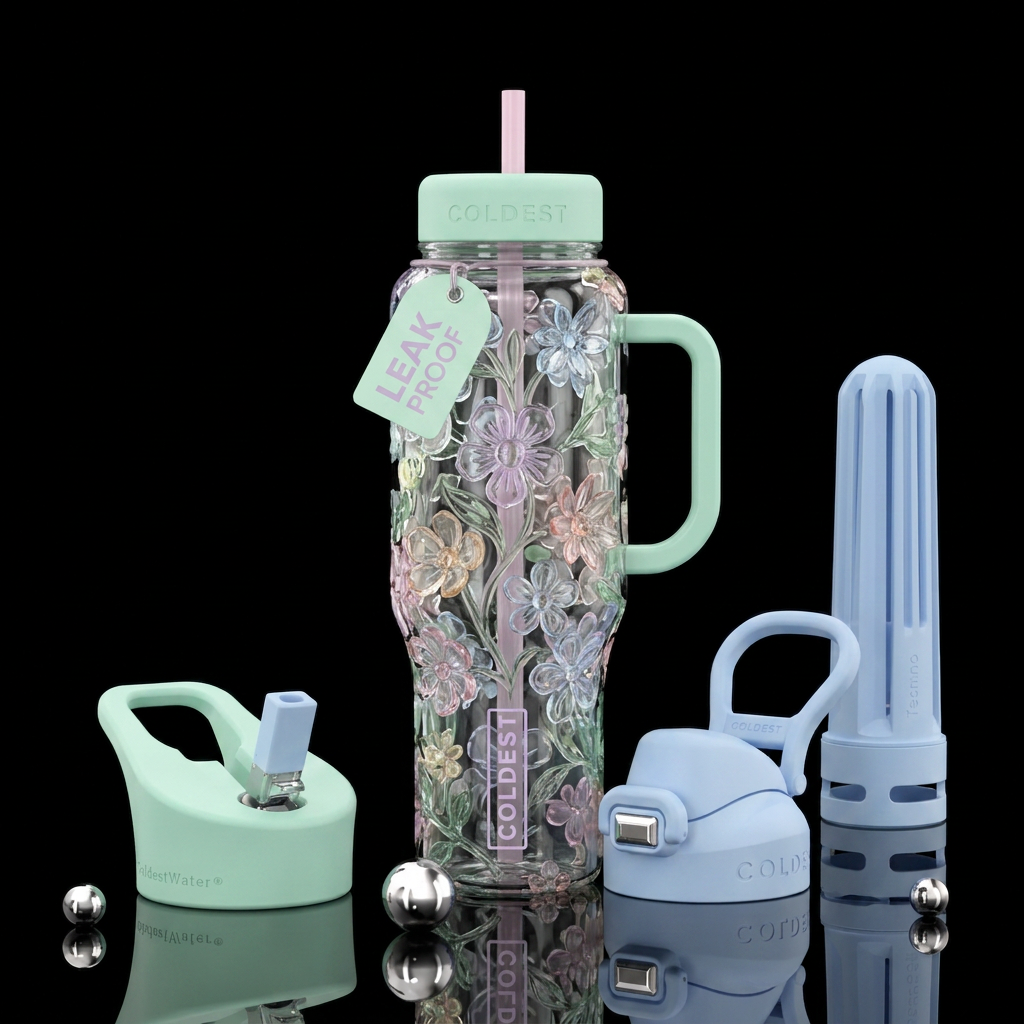 Pastel colored flowers that look like glass and se... water bottle design