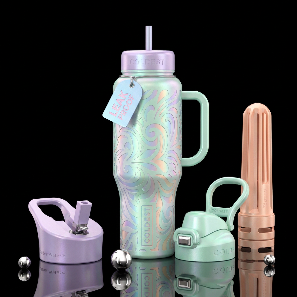 A bottle etched in pearlized pastel colors water bottle design