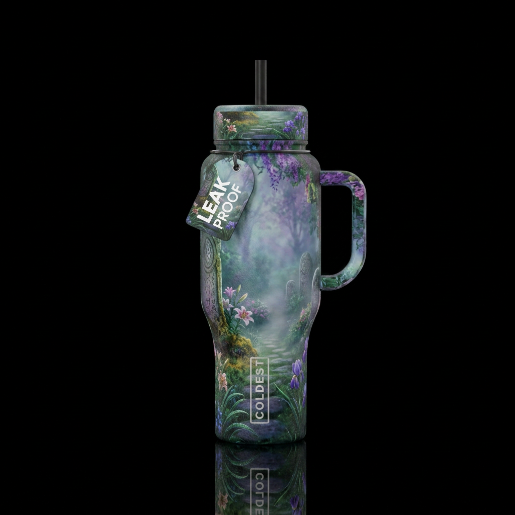 A misty morning in a sacred secret garden water bottle design