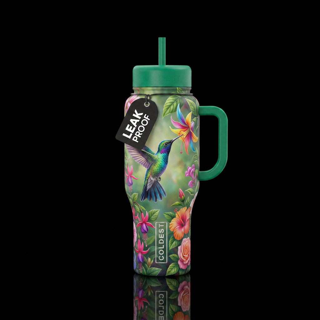 A hummingbird flitting in a beautiful garden water bottle design