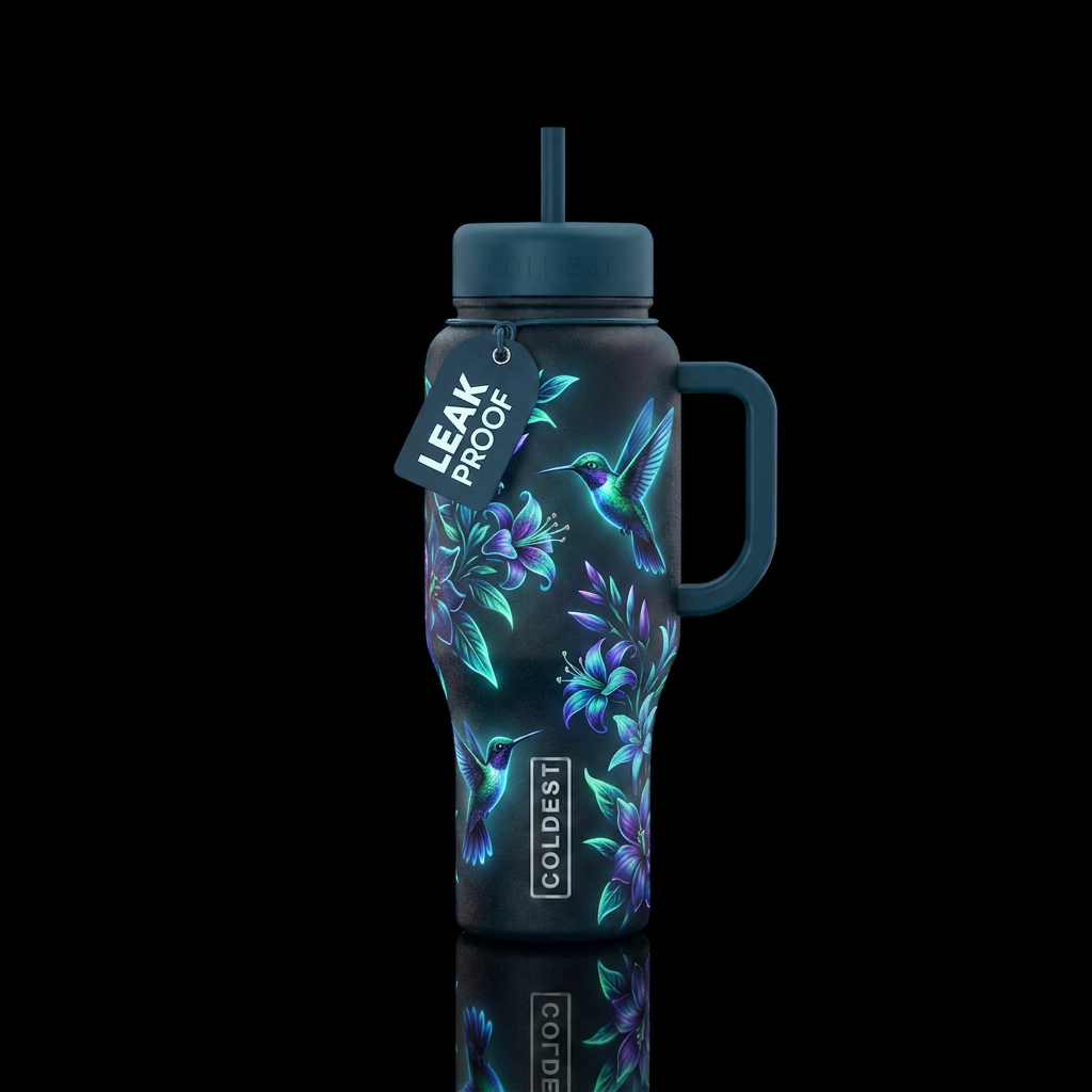Glowing hummingbirds that glow in the dark water bottle design