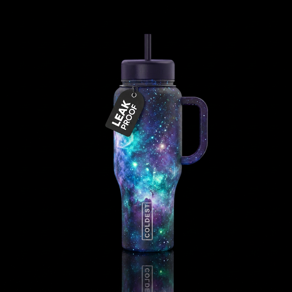 Glow in the dark nebula water bottle design