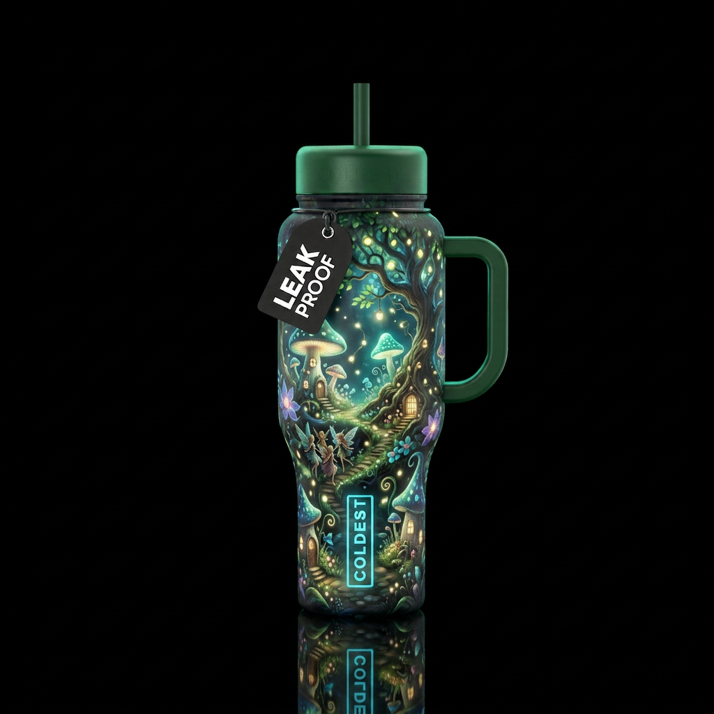 Fairyland at night that glows in the dark water bottle design