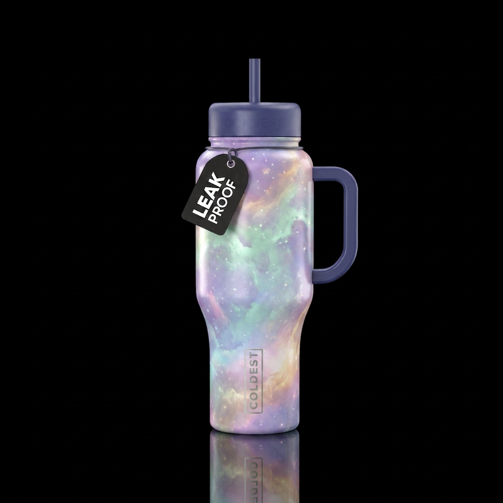 A pastel colored nebula water bottle design