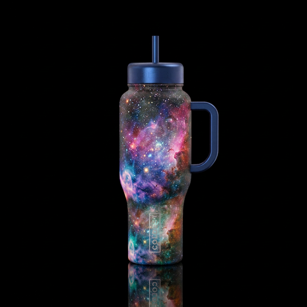 A bottle that shows all the different galaxies and... water bottle design