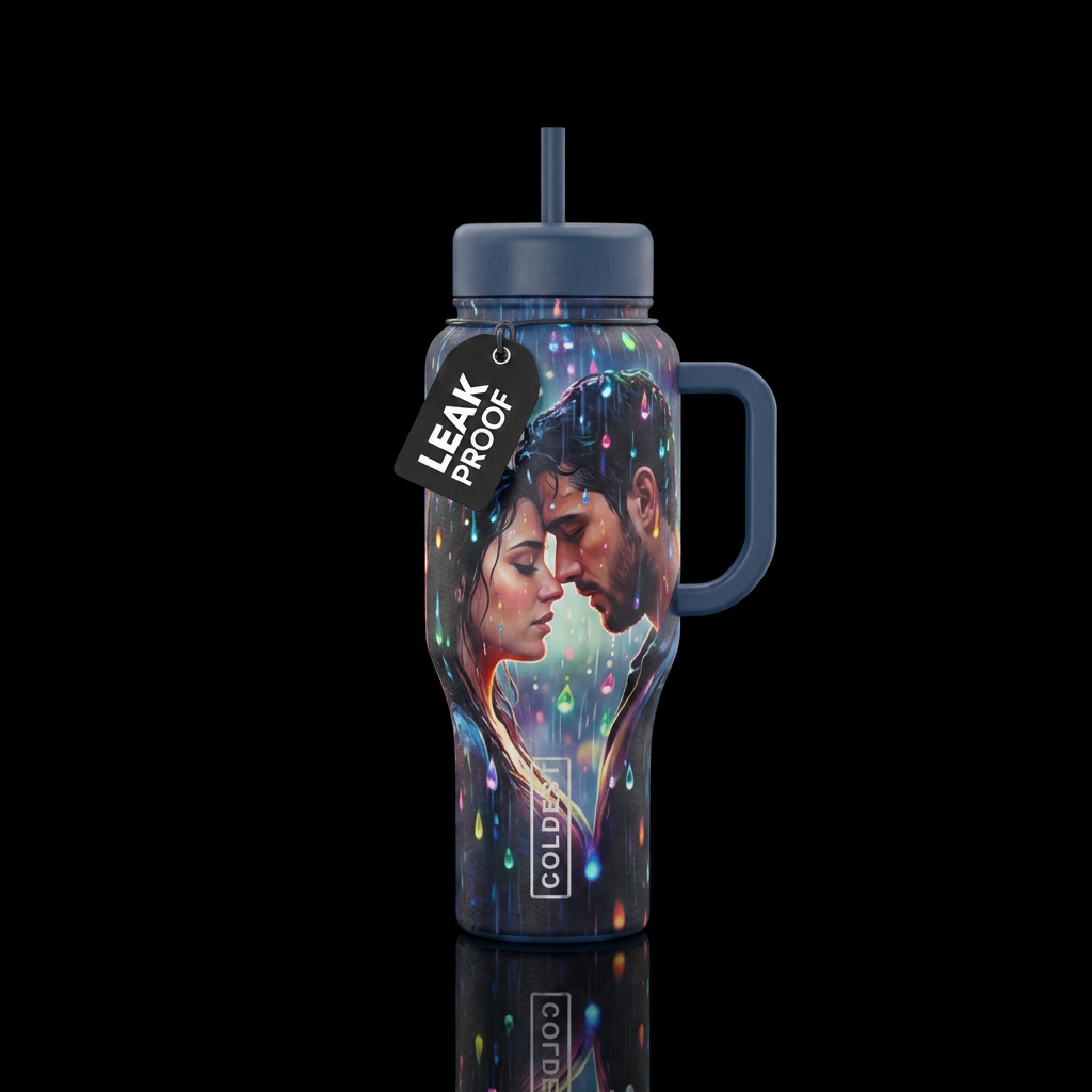 Colorful rain over an emotional couple water bottle design