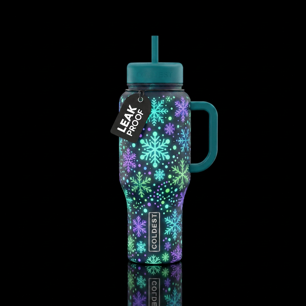 Snowing fun glow in the dark water bottle design