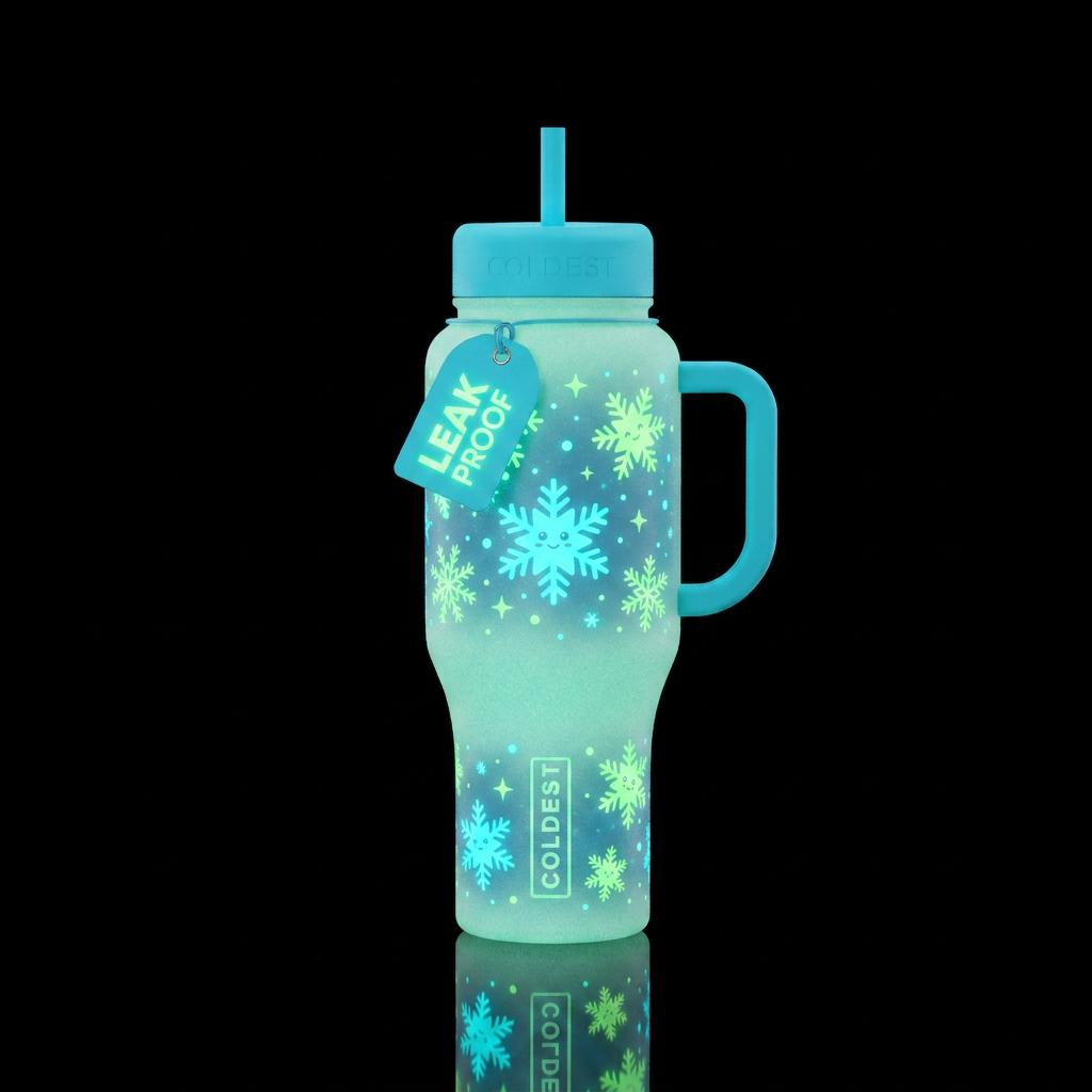 Snowie fun glow in the dark water bottle design