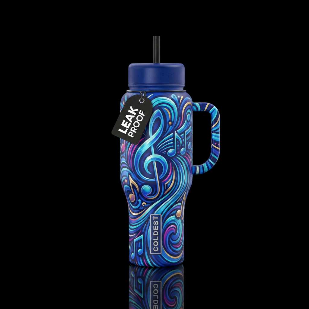 Rhythm of the blues water bottle design