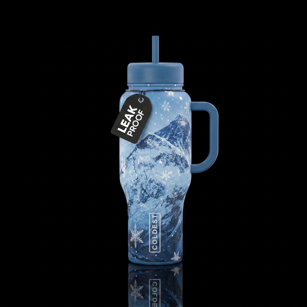 A light blue bottle with falling crystallized snow... water bottle design