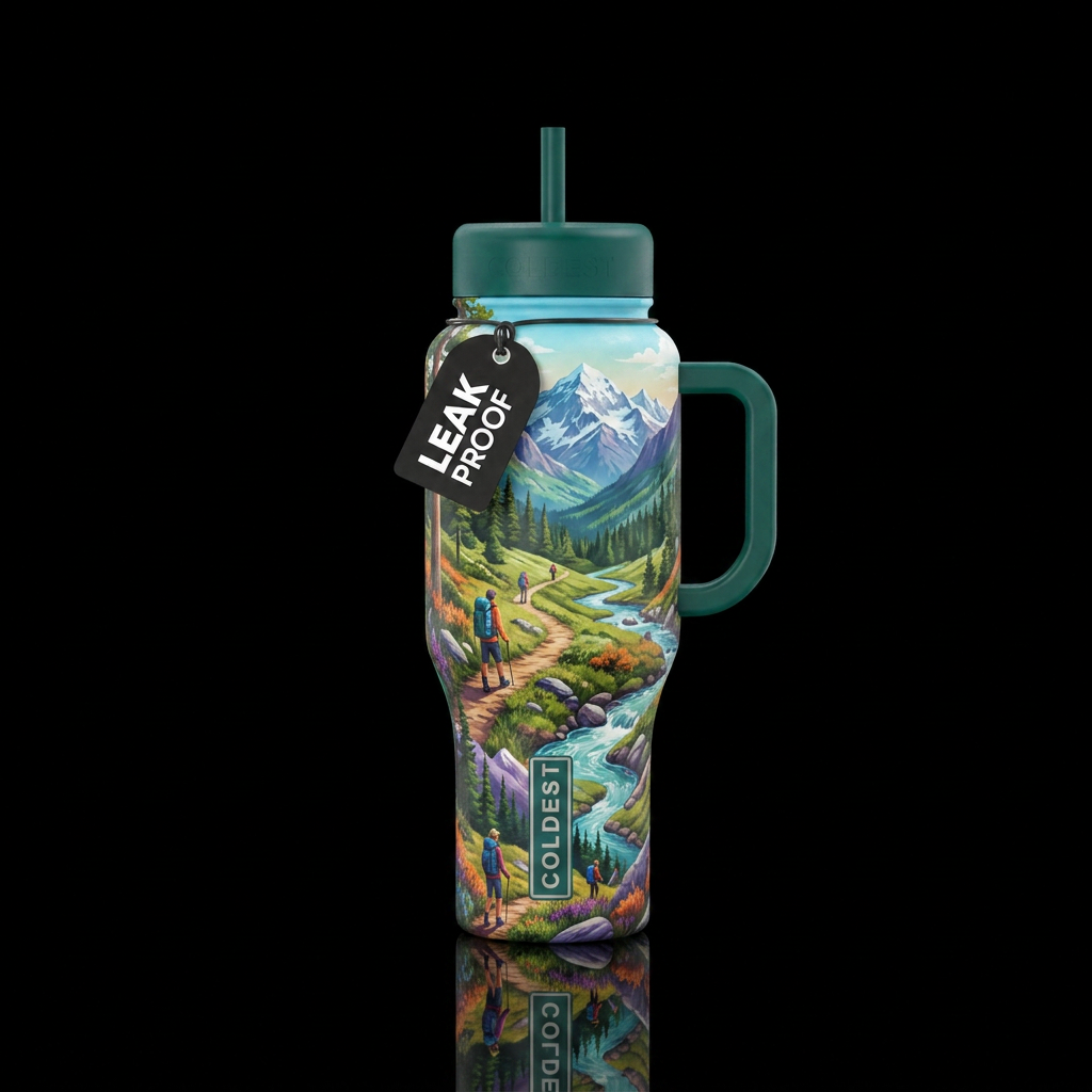 A nature hike in the mountains water bottle design