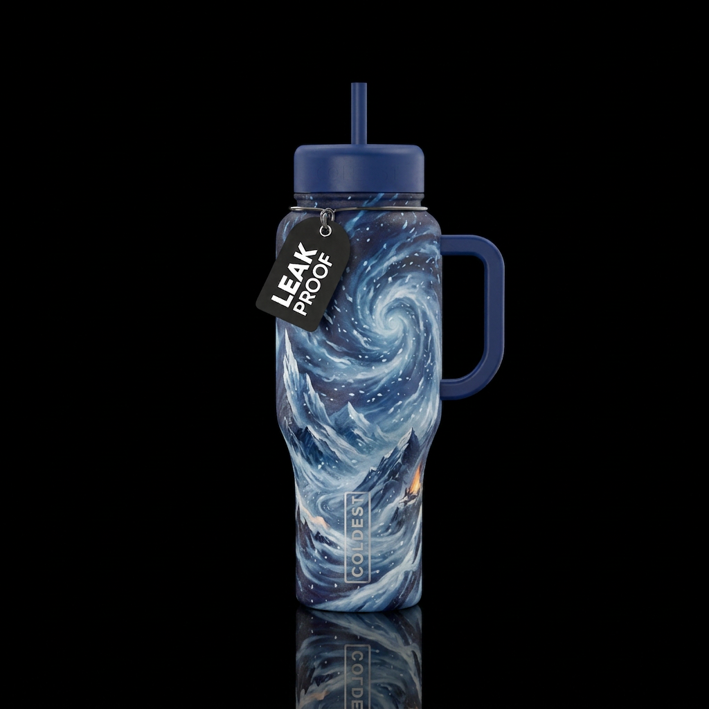 A winter storm up in the mountains water bottle design