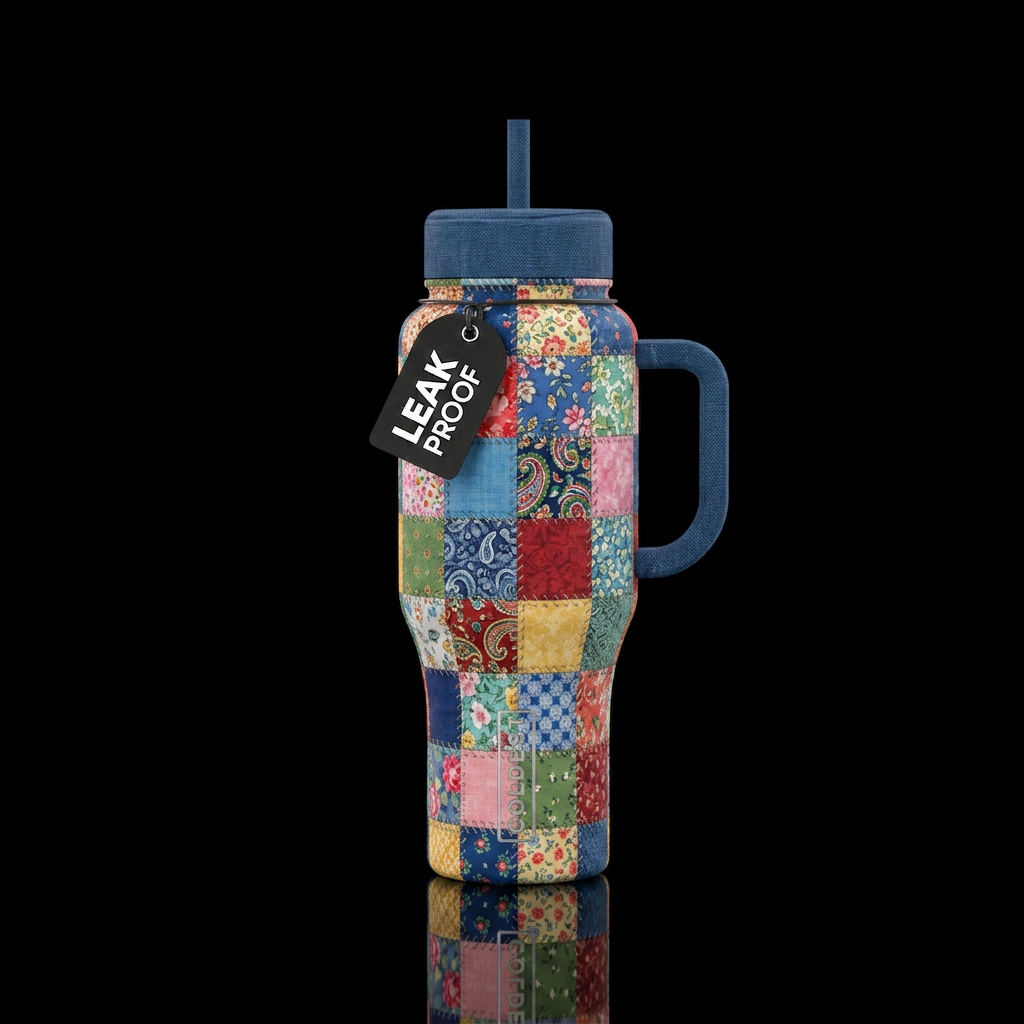 The patchwork of grandma's quilt water bottle design