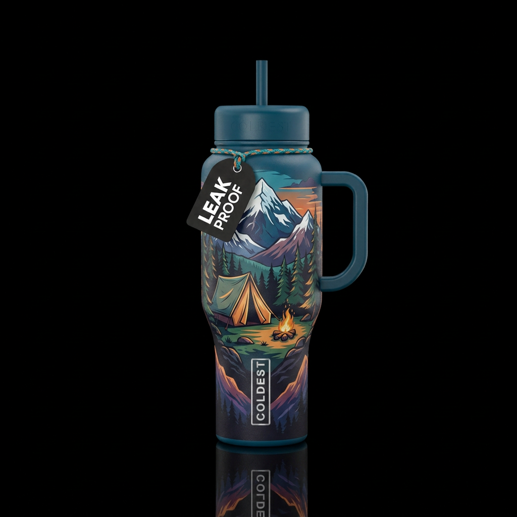 Camping up in the mountains water bottle design