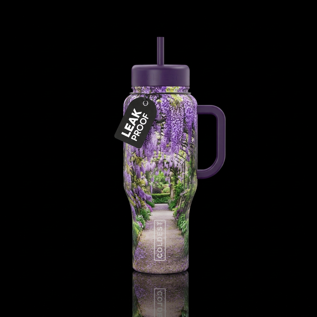 A path of wisteria in a garden water bottle design