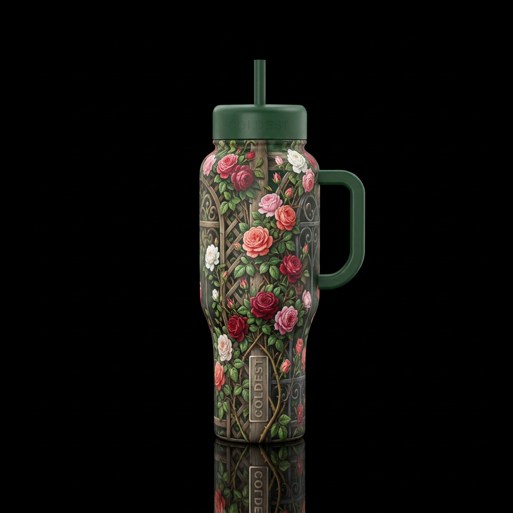 trellises of climbing roses in a garden water bottle design