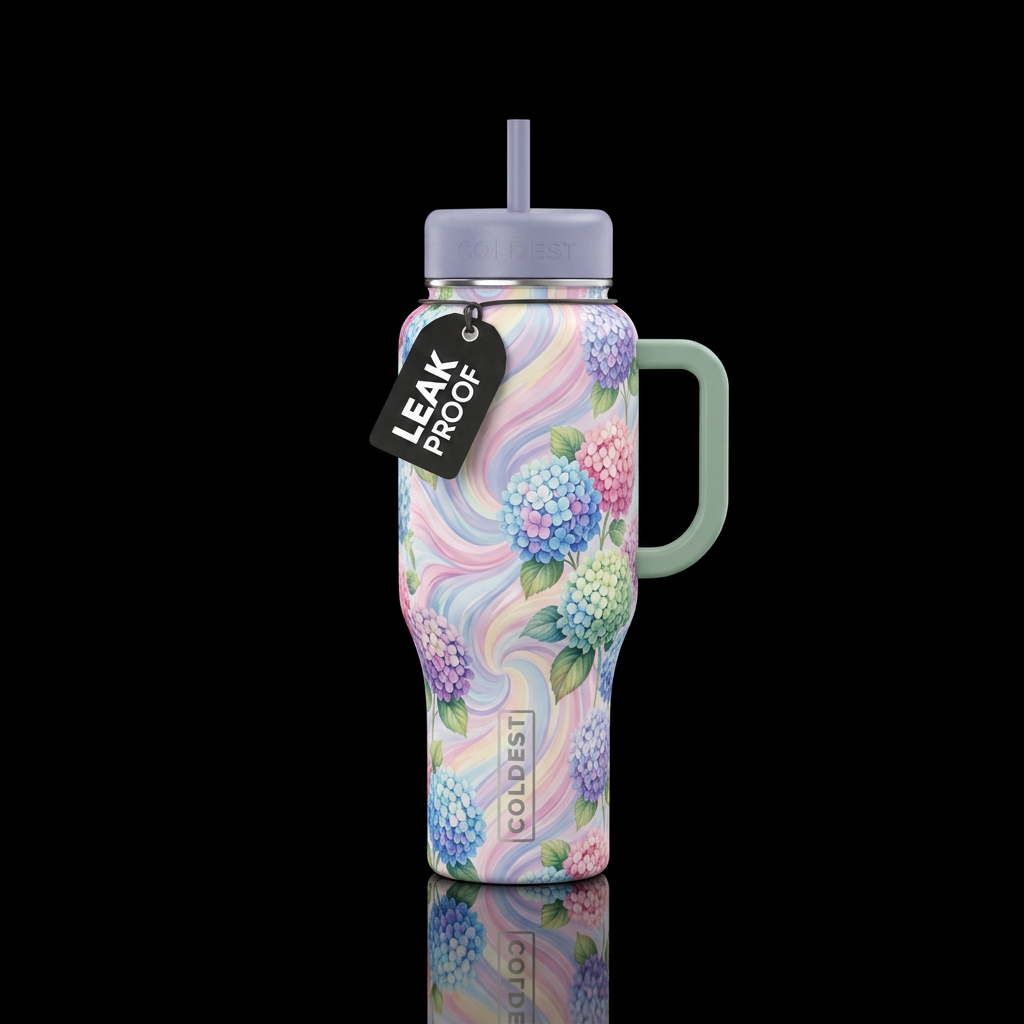 Swirls of pastel colors overlaid with hydrangeas o... water bottle design