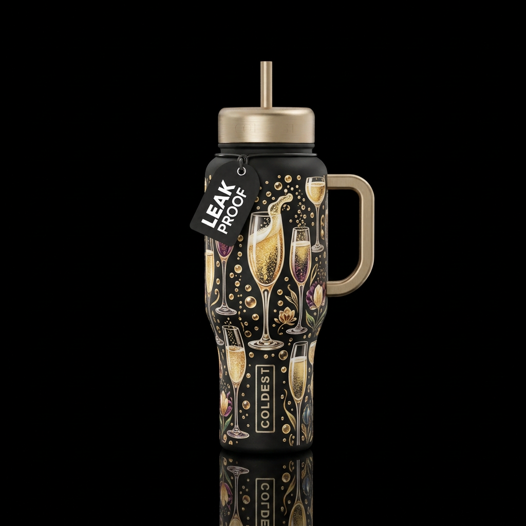 A glass of champagne water bottle design