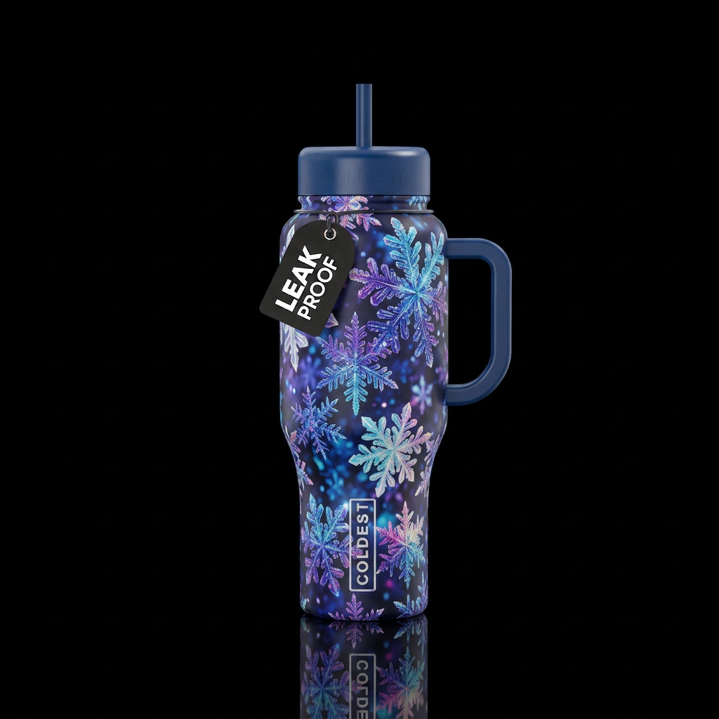 Crystallized snowflakes falling water bottle design