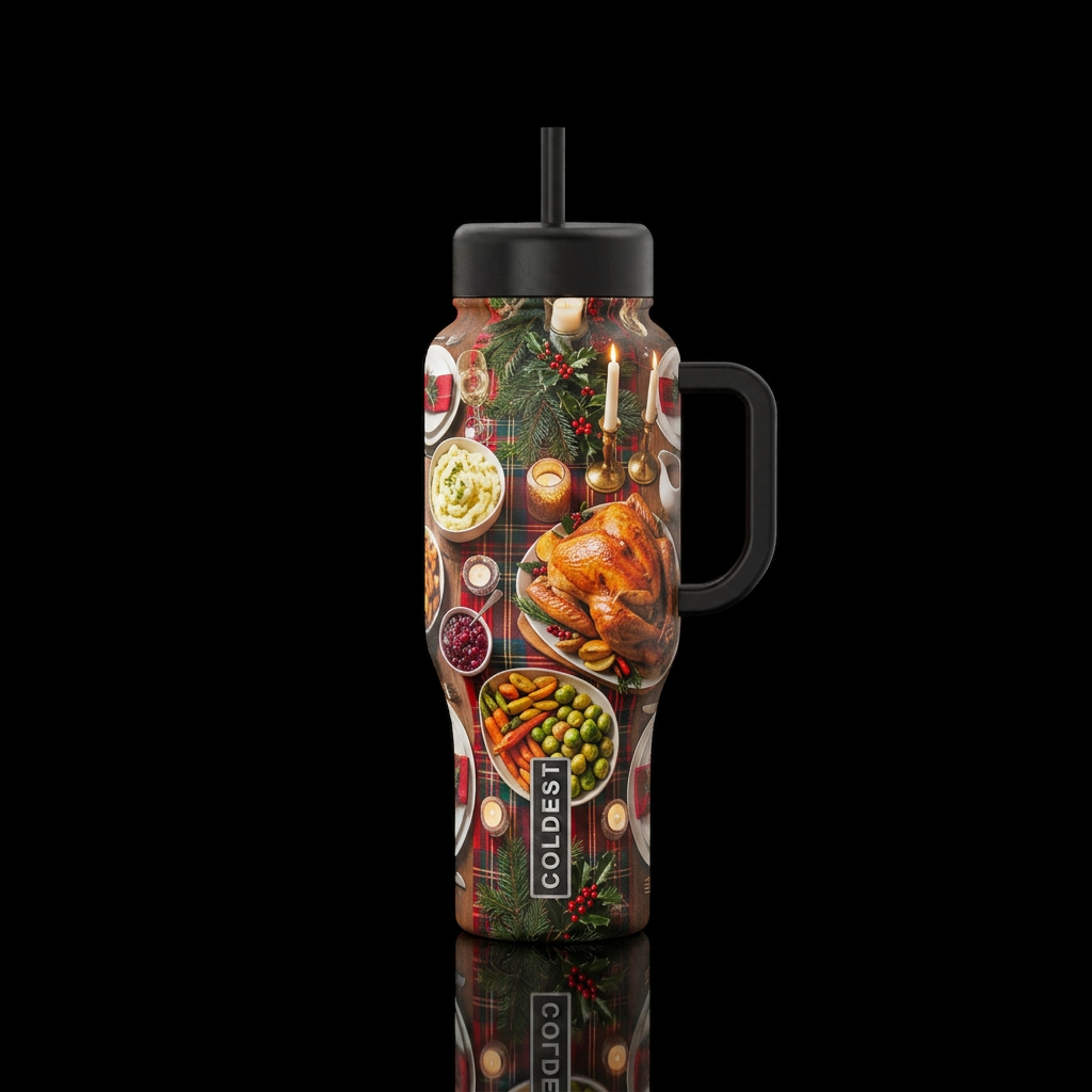 A Christmas dinner setting water bottle design