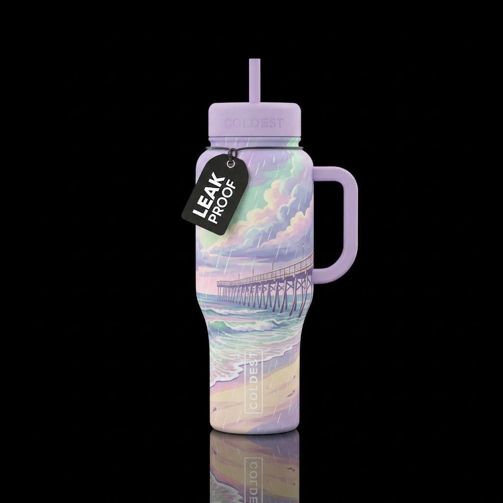 Pastel colored rain on the pier at the beach water bottle design