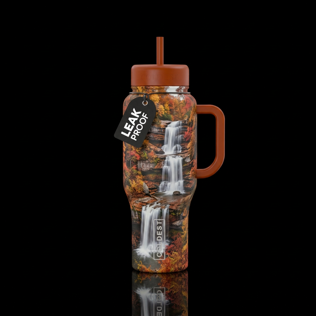A waterfall scene in fall colors water bottle design