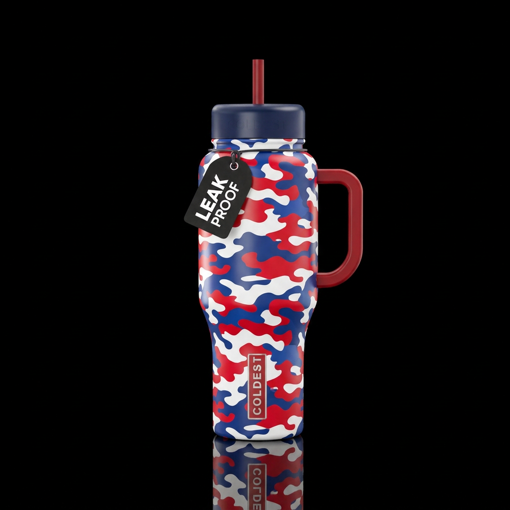 Red, white,  and blue camouflage water bottle design