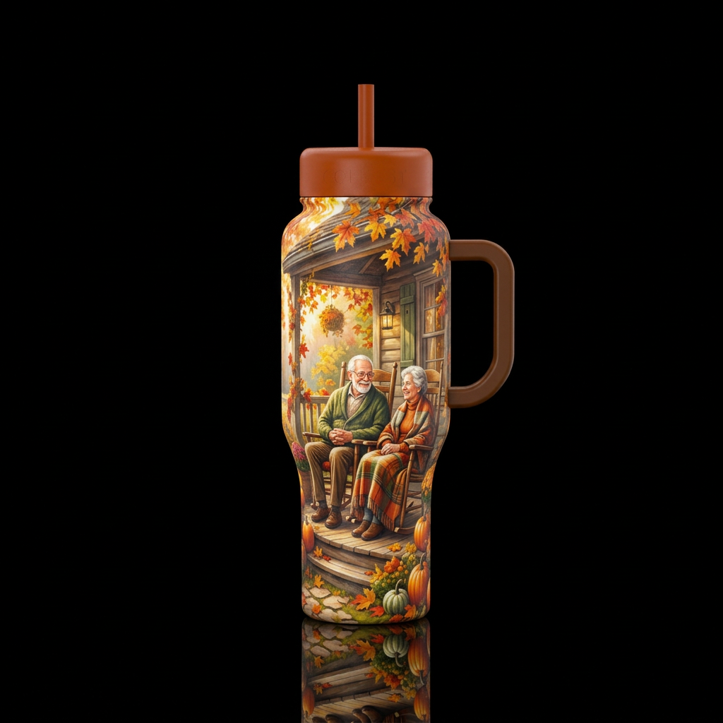 Grandparents sitting on a cottage porch in rocking... water bottle design
