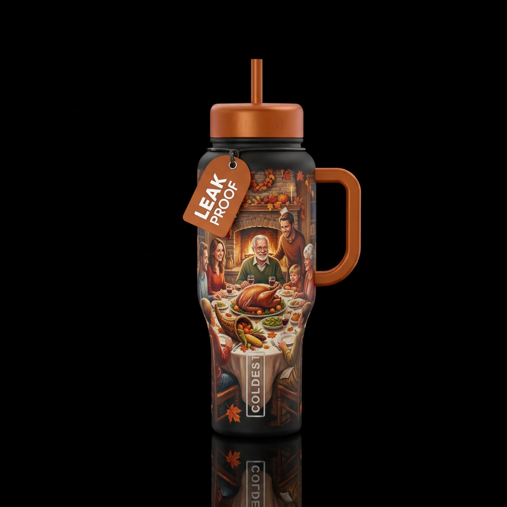 Family at a Thanksgiving dinner water bottle design