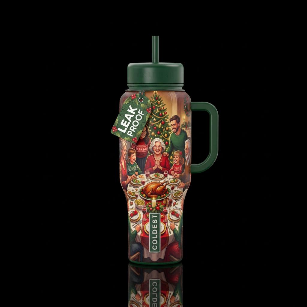 Family at a Christmas dinner water bottle design