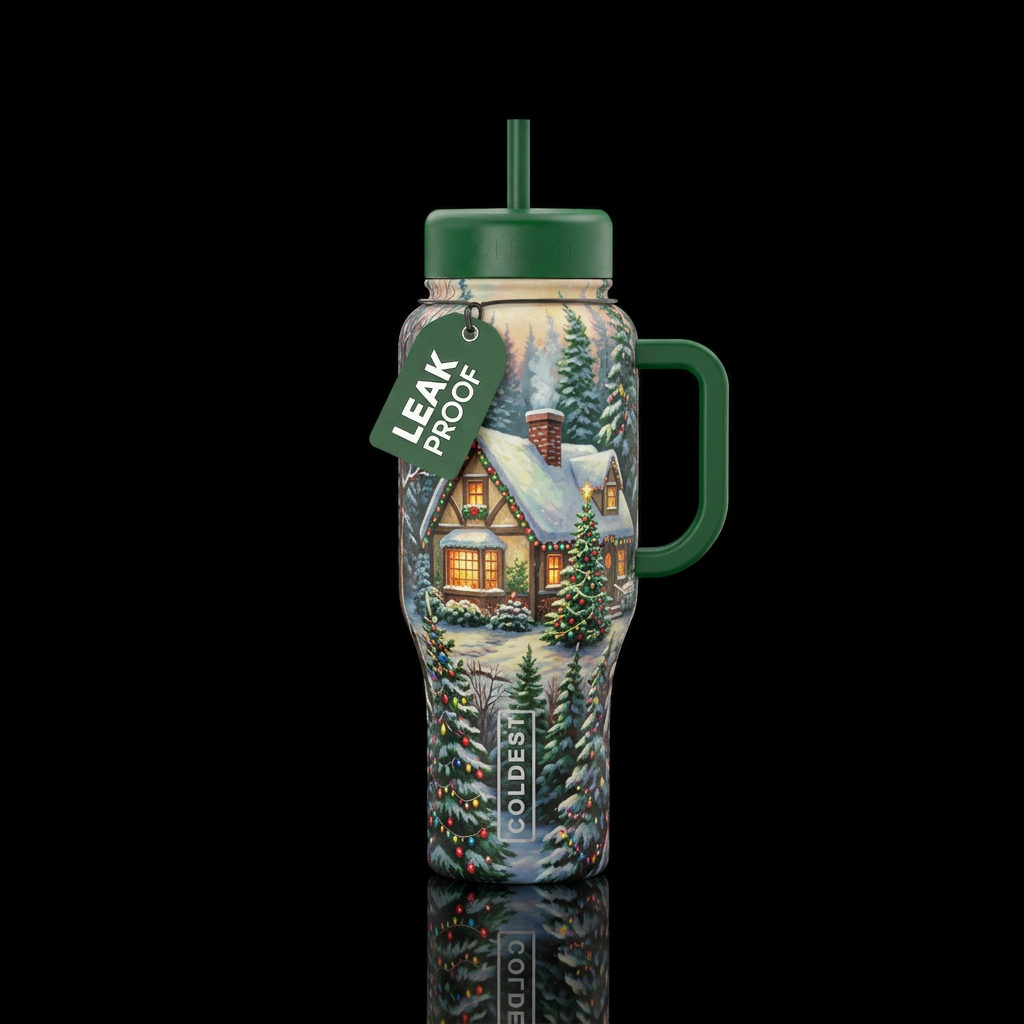 A Christmas setting of a country cottage in the wo... water bottle design