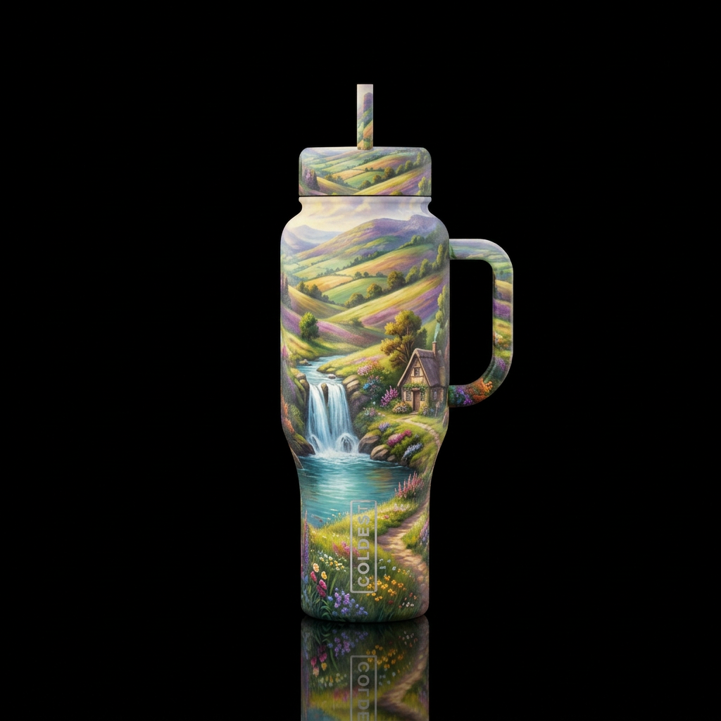 A lone cottage in the hills next to a waterfall water bottle design