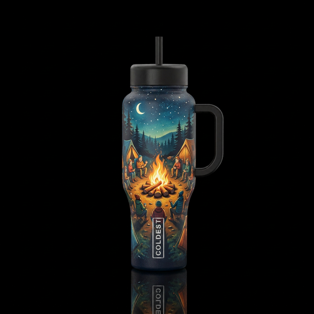 Around a cozy campfire water bottle design