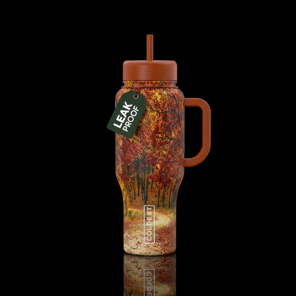 A walk in woods of fall colors water bottle design