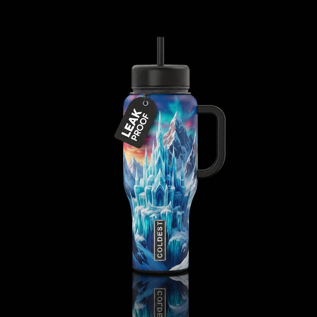 Ice castle in the mountains water bottle design