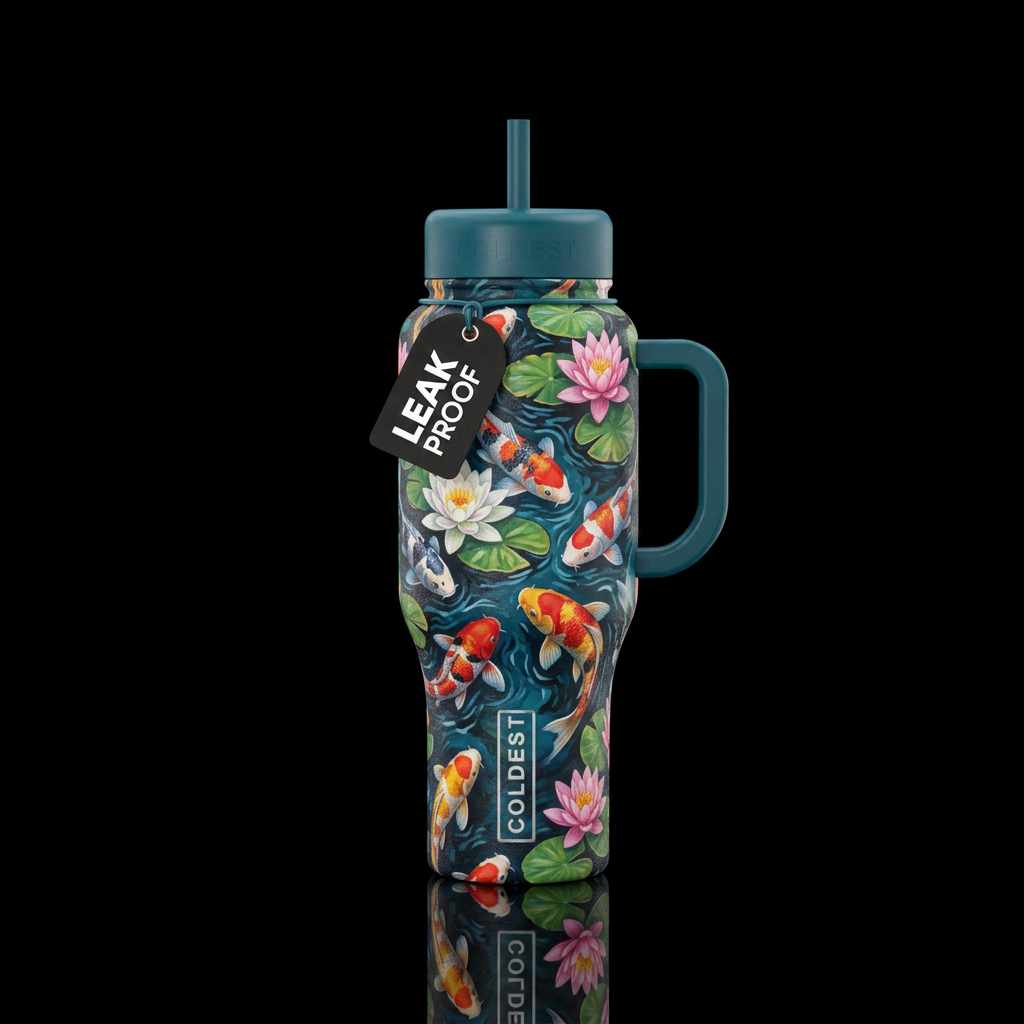 A pond of koi fish and lotus flowers water bottle design