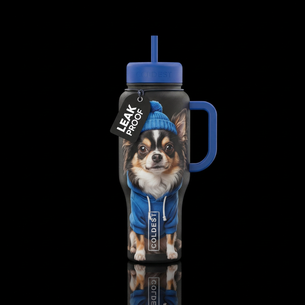 A male long haired tri-colored chihuahua with a bl... water bottle design