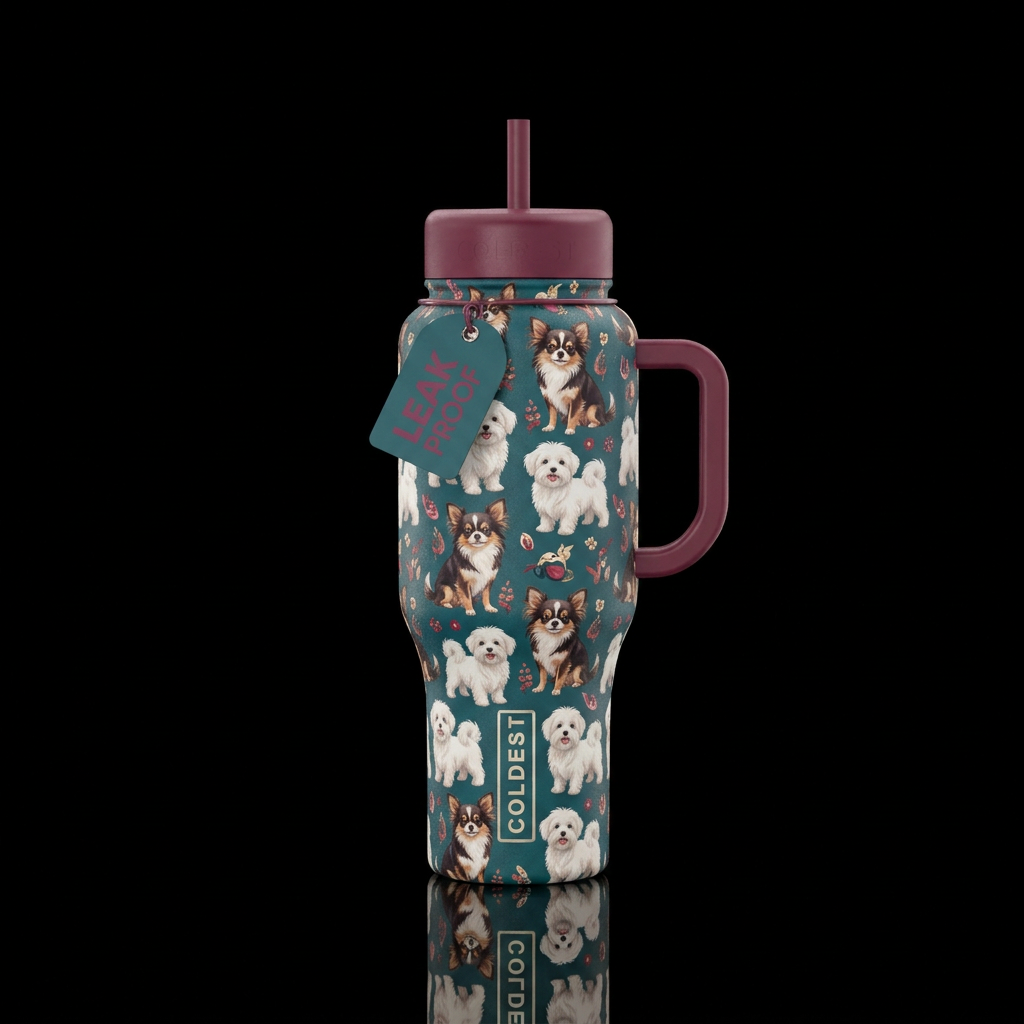 Long haired tri-colored chihuahuas and Maltese pai... water bottle design