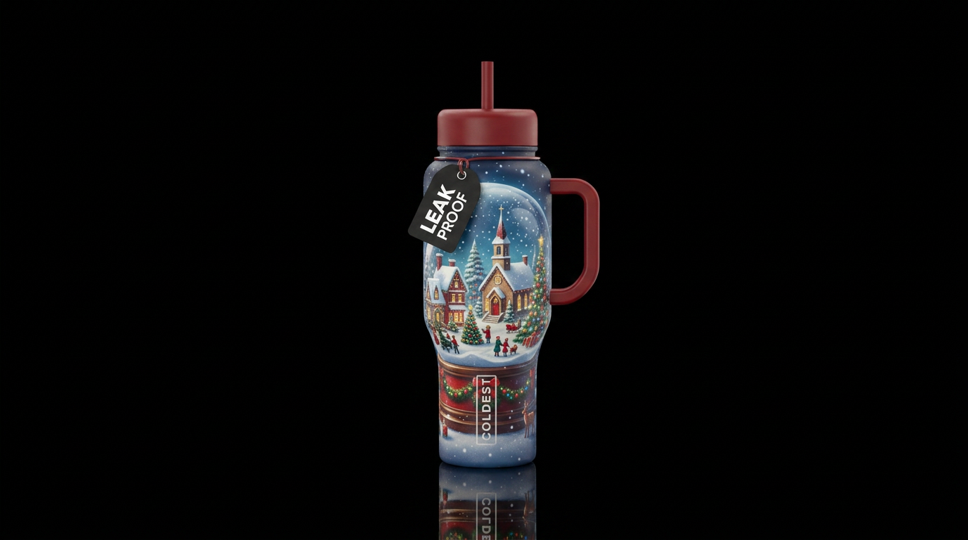A Christmas town in a snowglobe water bottle design