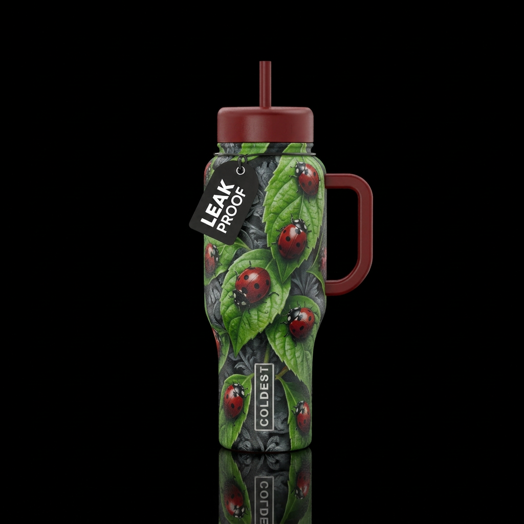 Deep red ladybugs on vibrant green leaves with a f... water bottle design