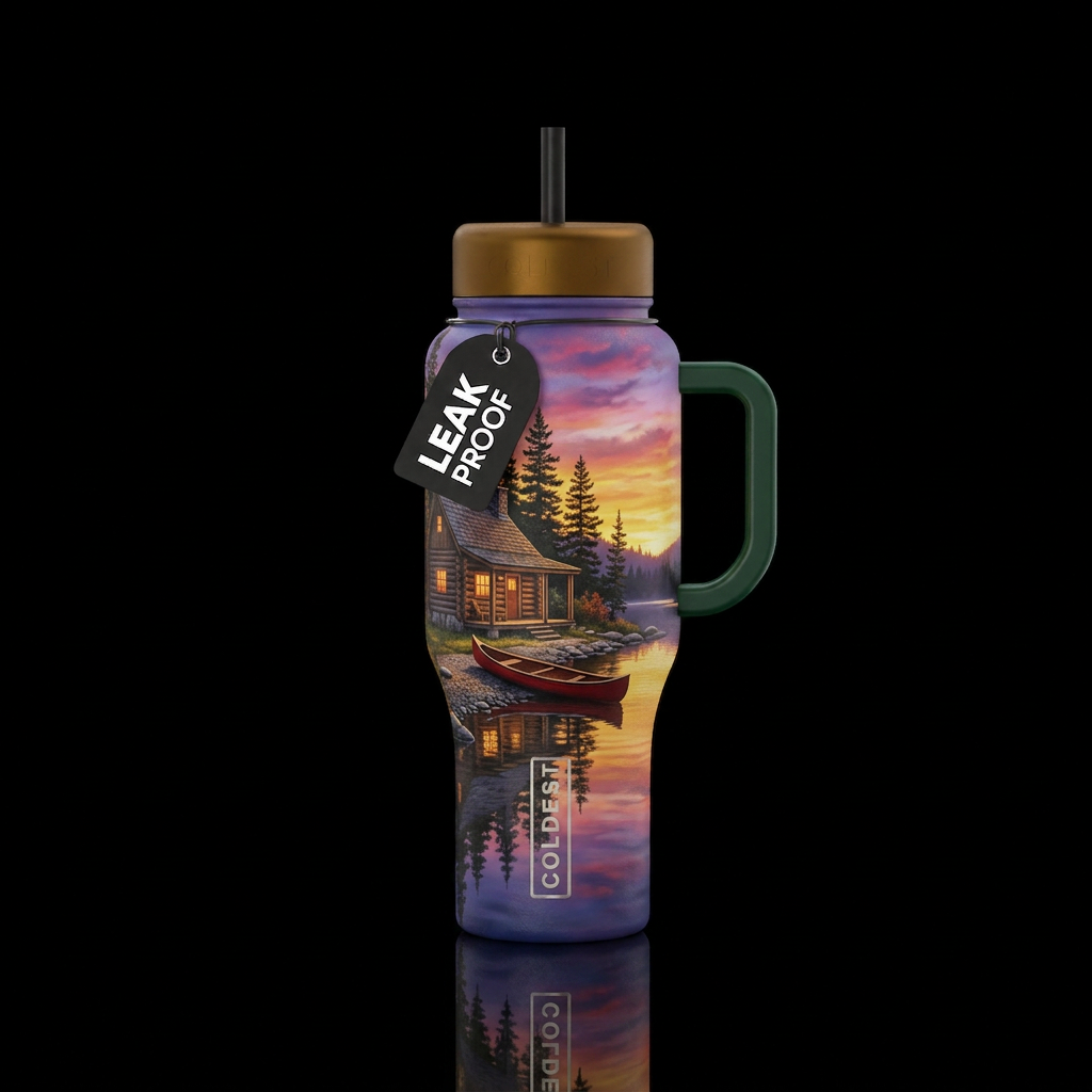 Rustic cabin at the edge of a still lake with a ca... water bottle design